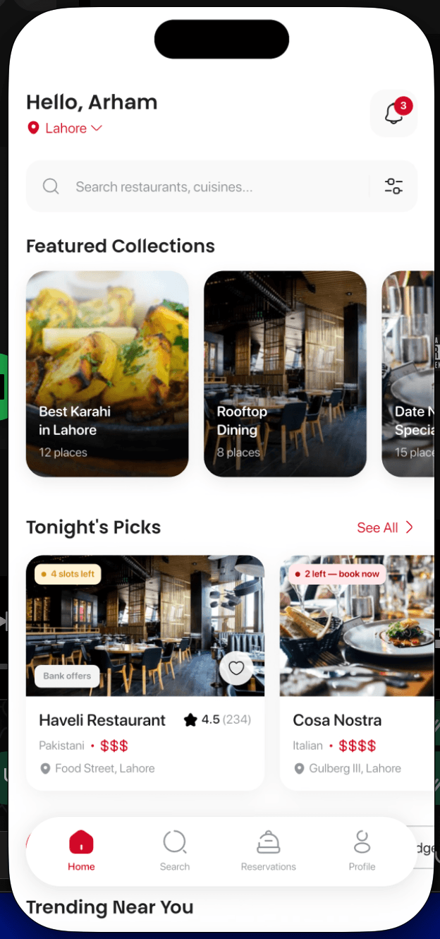 Home screen showing real-time restaurant availability