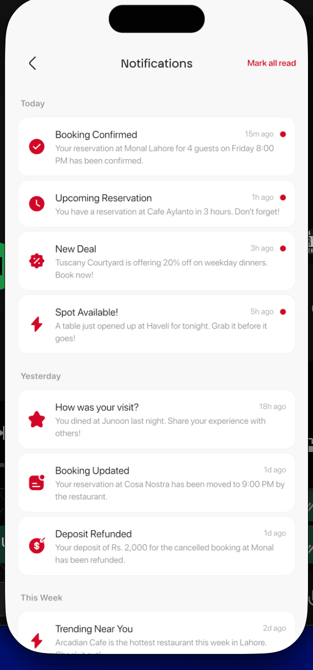 Notifications screen with booking alerts and deals