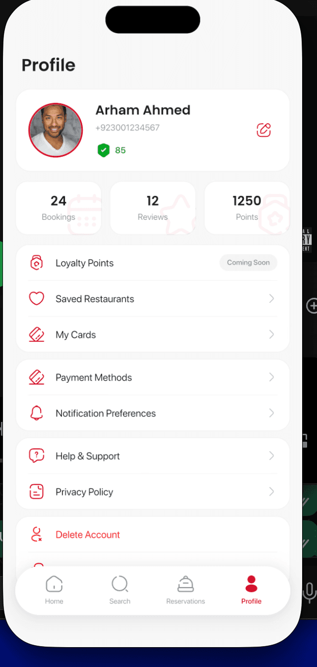 Profile screen showing loyalty points and stats