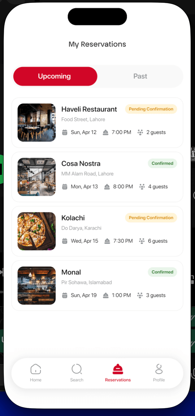 Reservations screen with booking details