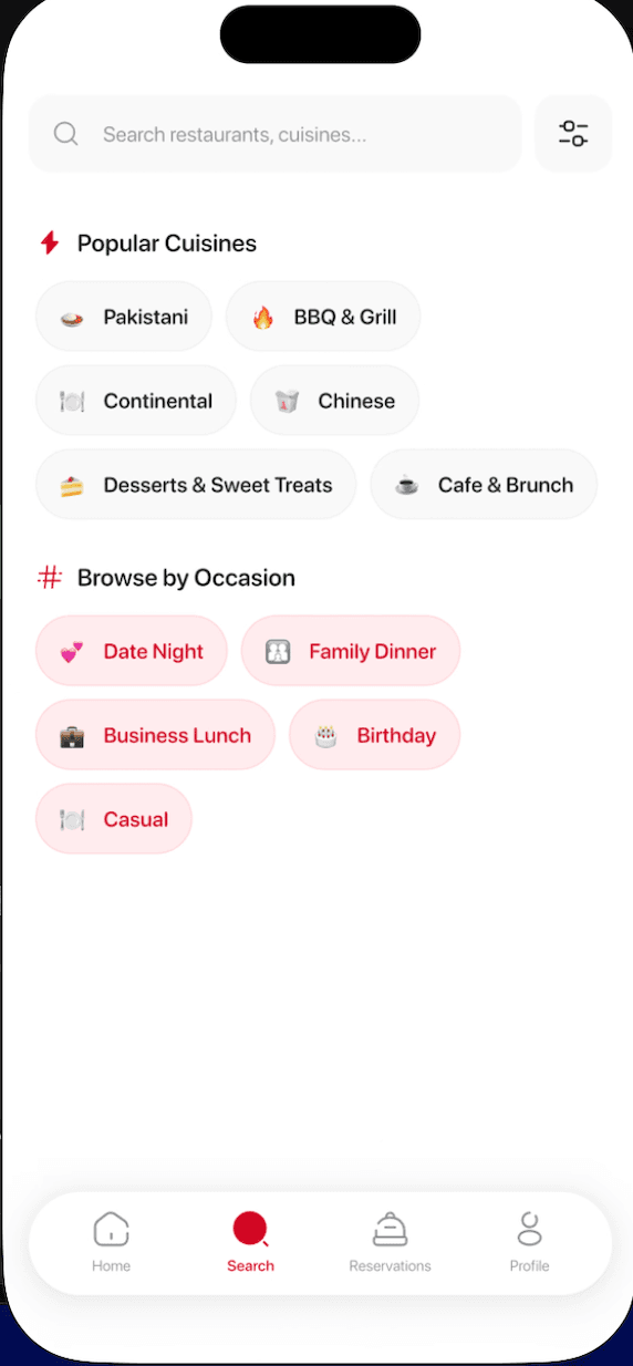 Search and browse cuisines in Dine Karo
